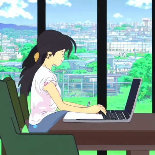 Prompt: a side view of a girl sitting on her desktop writing something, headphones on, hand on her chin, digital art, anime, studio ghibli style, window and city background,