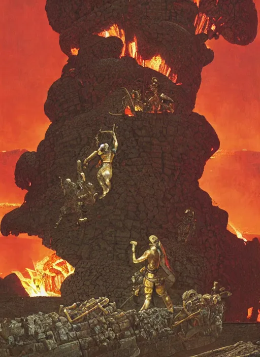 Image similar to knight in armour in lava cave, explosions, lava flows, dynamic action, by lawrence alma - tadema and zdzislaw beksinski and norman rockwell and jack kirby and tom lovell and greg staples