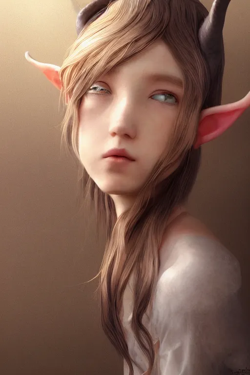 Prompt: a young elf, with goat horns and animal ears and curly brown hair, ultra detail, studio ghibli aesthetic, yoshitaka amano style, pastel colors,, hyperrealism, award winning artwork, realistic hair, artstation trend, high quality print, fine art with subtle redshift rendering,