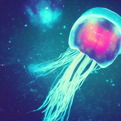 Image similar to unknown undiscovered jellyfish swimming in outer space nebula, 4 k, ultra detail, ultra realistic, 8 k, octane render, unreal engine, beeple