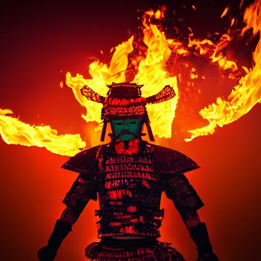 Image similar to a neon samurai in a burning field at night. hyper realistic, 8 k.