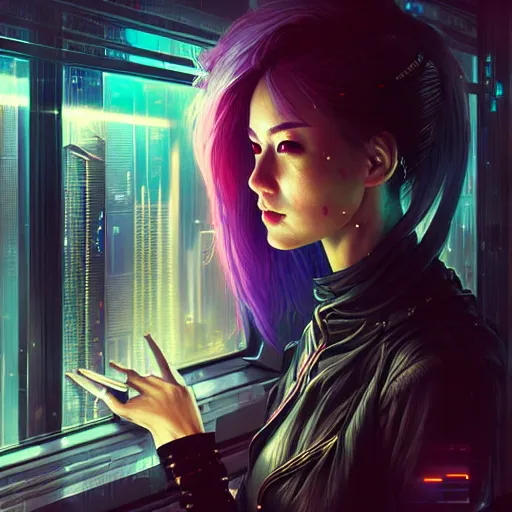 Prompt: art by ross tran, portrait of cyberpunk woman looking out of a window, cyberpunk setting, futuristic, highly detailed, intricate lighting, digital painting, sharp focus, illustration, trending on artstation, by anna dittmann, karol bak, charlie bowater.