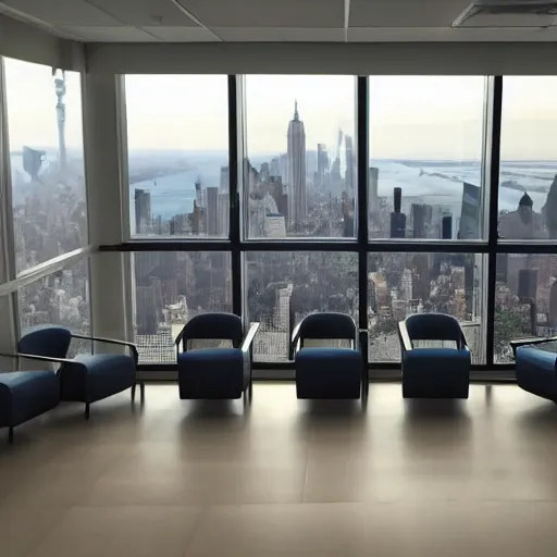 Prompt: a corporate waiting room with a view of New York, top image of the year on RoomPorn subreddit