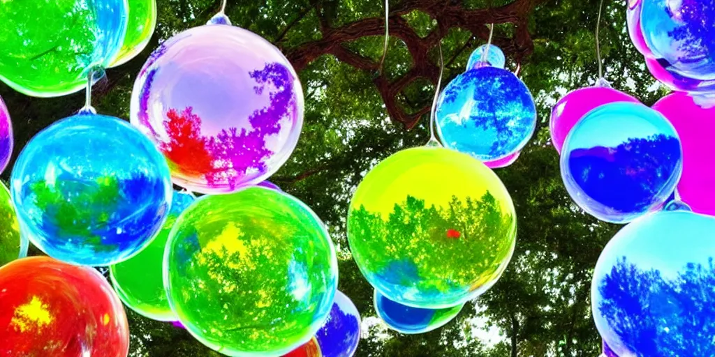 Image similar to flying saucer colorful toylike tree garden water globes, award winning art, epic dreamlike fantasy landscape, art print, science fiction, ultra realistic,