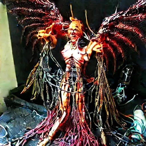 Prompt: 10,100 wemon worshipping the cybercore dragon angel pimp covered in wires damnatione emerging from cybercore damnation hell portal in the middle of my digusting dirty room, holy ceremony, heavens gate, low quality photo, flikr