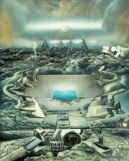 Prompt: a surrealist techno landscape made of synthesizer textures and parts, Jean-michel Jarre Oxygene, 1979, photorealistic painting, highly detailed, moody, psychedelic, rule of thirds, golden ratio, OMNI magazine 6:3:1