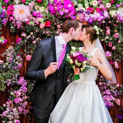 Image similar to the groom kisses the bride at a wedding full of flowers, bright and happy, art, highly detail, 4 k realistic, wedding photo, louise dahl - wolfe, andrea kowch, sophie anderson, lilia alvarado