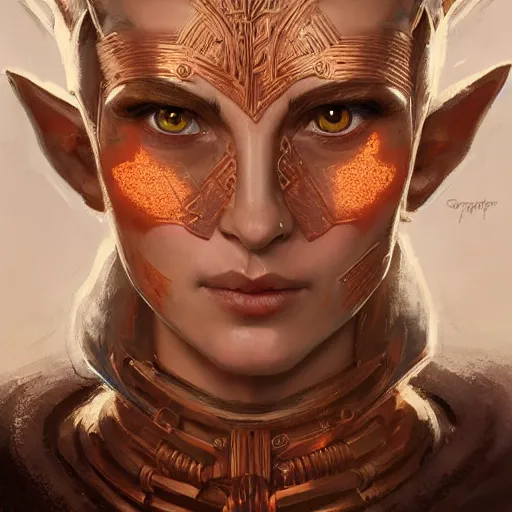 Prompt: A head-on, symmetrical detailed oil portrait of an elf woman with small horns of copper, bright copper colored eyes and wearing a simple white robe, by greg rutkowski, trending on artstation, dungeon and dragons art