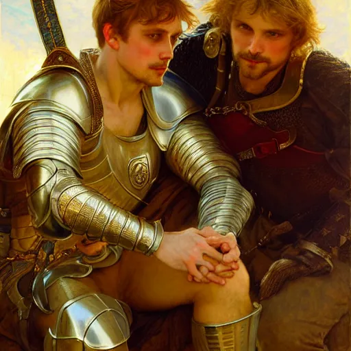 Image similar to attractive arthur pendragon and his attractive male knight, they are in love, natural lighting, path traced, highly detailed, high quality, digital painting, by gaston bussiere, craig mullins, alphonse mucha j. c. leyendecker