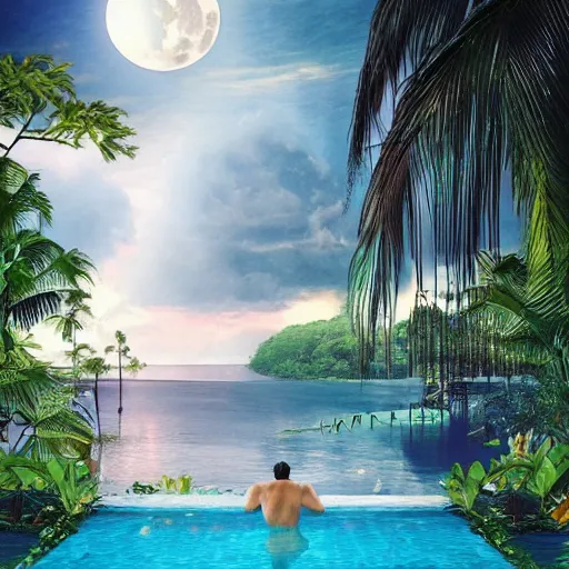 Image similar to Floating palace, moon reflecting on the water, thunderstorm, greek pool, beach and Tropical vegetation on the background major arcana sky, vogue magazine, y2k aesthetic, hyperrealistic 8k, award-winning, very very very detailed