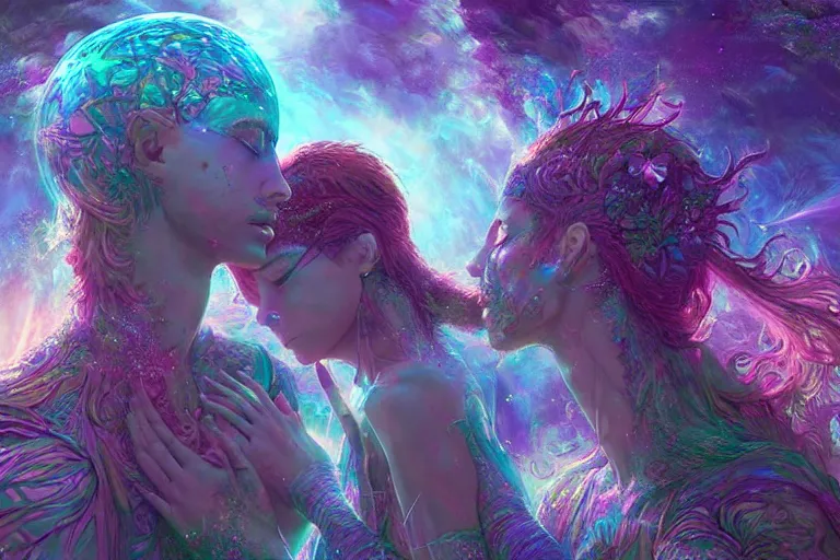 Image similar to a psychedelic realm at the edge of existence where intensely creative astral beings live, the astral beings are holding each other to share love, in the style of wlop, illustration, epic, fantasy, hyper detailed, smooth, unreal engine, sharp focus, ray tracing