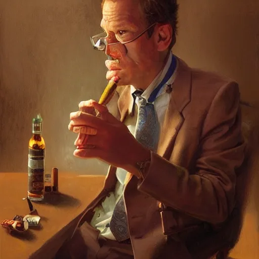 Image similar to barney from barney the dinosaur drinking whisky and smoking a cigar, portrait art by donato giancola and greg rutkowski, realistic face, digital art, trending on artstation