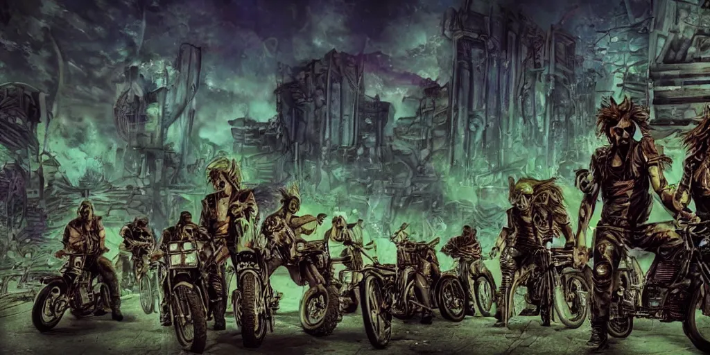 Image similar to psychedelic post apocalyptic orcish biker gang in front of scifi city ruins, sharp focus, cinematic shot, psychedelic colors