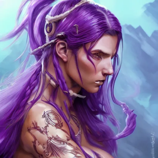Prompt: portrait of a beautiful barbarian woman with long purple hair, muscular, wild, upper body, D&D, fantasy, intricate, cinematic lighting, highly detailed, digital painting, artstation, concept art, smooth, sharp focus, illustration, art by Hajime Sorayama