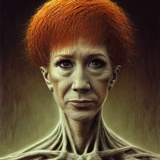 Image similar to portrait of kathy griffin, horror art by beksinski and szukalski and giger and and pyromallis and dzo and iris compiet and seb mckinnon, digital art, highly detailed, intricate, sharp focus, trending on artstation hq, deviantart, pinterest, unreal engine 5, 4 k uhd image