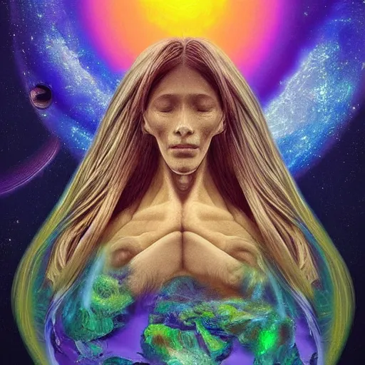 Prompt: planet earth depicted as a sleeping female hyperdimensional alien dreaming all life, people and animals into existance