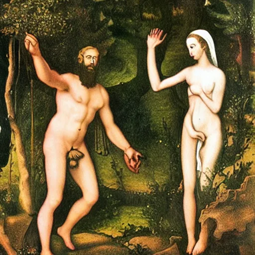 Prompt: First selfie ever of Adam and Eve discovering the sacred garden