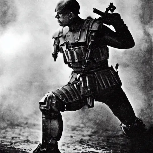 Image similar to old black and white photo, 1 9 1 3, depicting bruce willis in heavy combat armor and guns, historical record, volumetric fog