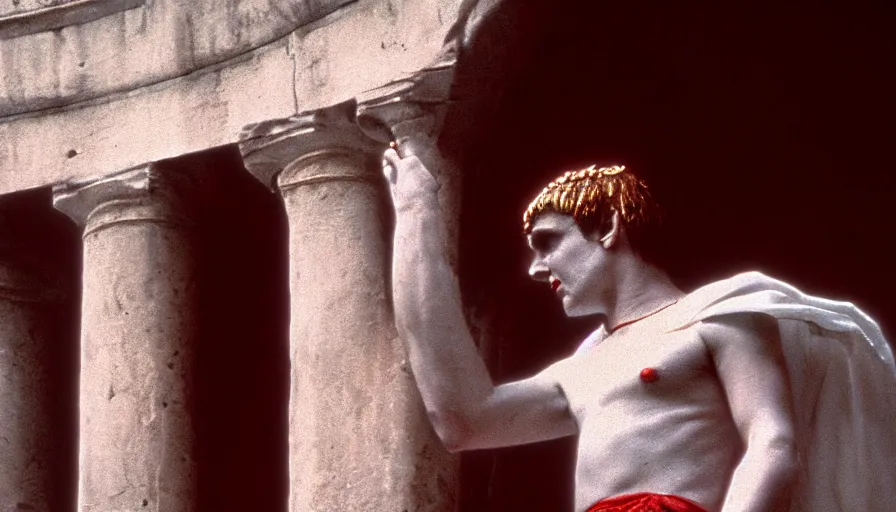 Prompt: 1 9 6 0 s movie still close - up of caligula in a white toga bleeding heavy on ancient stairs, cinestill 8 0 0 t 3 5 mm, high quality, heavy grain, high detail, dramatic light, anamorphic