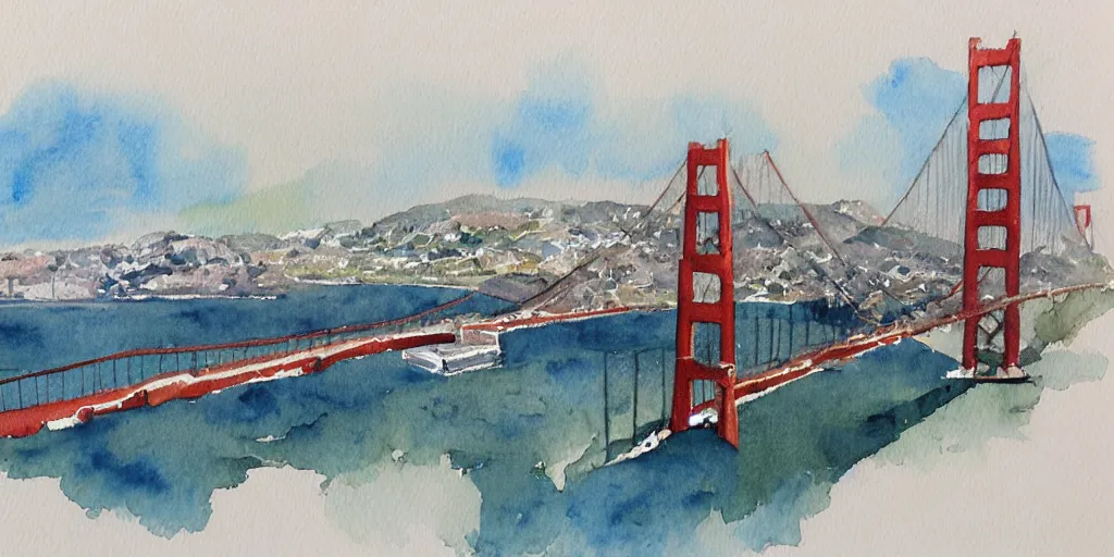 Prompt: collapsed san francisco bridge, watercolor