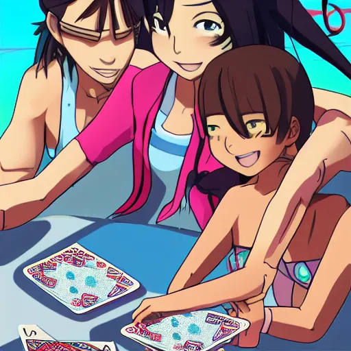 Prompt: aoi asahina from danganronpa, a tanned japanese girl with hair in a high ponytail, and percy jackson playing go fish under the ocean, beautiful digital art