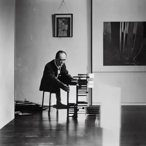 Image similar to a long exposure shot of Marcel Duchamp working on a readymade object, archival pigment print