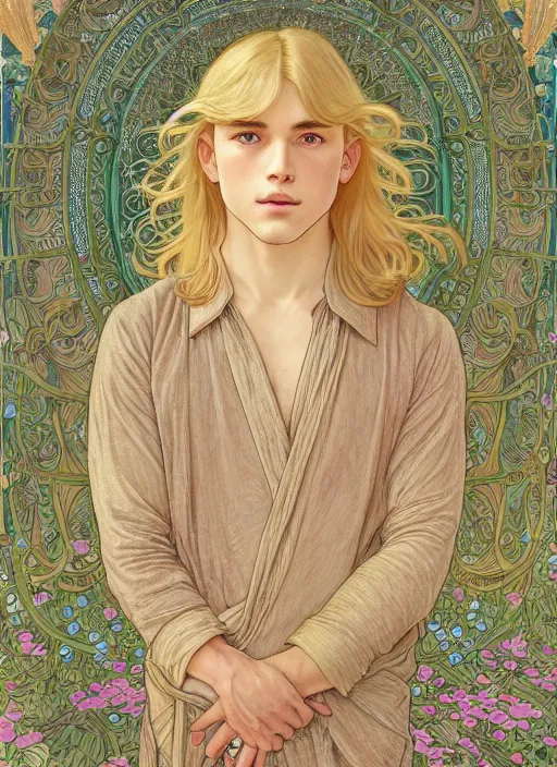 Prompt: pretty young man with shoulder length shiny shimmering golden blond hair, half body shot, decorative flower patterned background, path traced, highly detailed, high quality, digital painting, by studio ghibli and alphonse mucha, leesha hannigan, hidari, disney, jules bastien - lepage