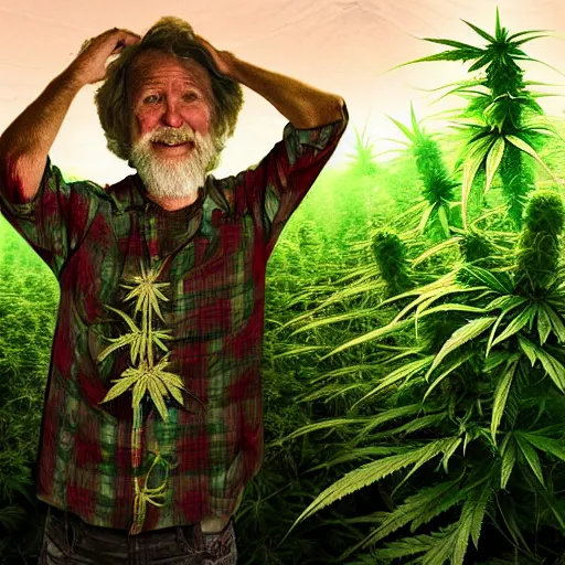 Image similar to intoxicated lazy older hippie wearing twigs and leaves and antlers smiling sheepishly in a field of cannabis plants, highly detailed, dramatic lighting, night time, cinematic, sci - fi, hyperrealistic, detailed