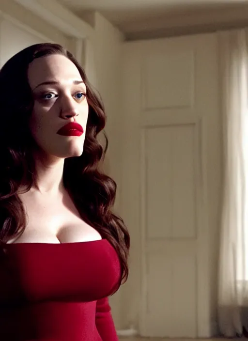 Image similar to Kat Dennings standing in the living room, film still from the movie directed by Denis Villeneuve with art direction by Salvador Dalí, wide lens, 4K, realistic