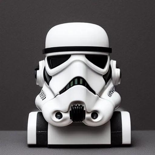 Image similar to photograph of a Stormtrooper inspired medium format TLR camera!!! . very detailed. plain background. 8K . still life photo. elegant vintage design.