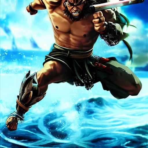 Prompt: man, warrior with katana of water wave, full body, water fists of fury, crazy hate face, jumping leaping heroic attack, action scene, kimi no yiba, anime style, ultra detailed, 4 k