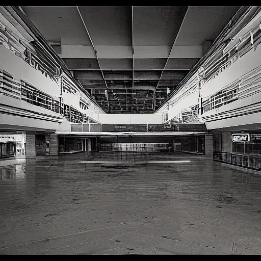 Image similar to abandoned super Mall in the post soviet era, MC Escher, destroyed, foggy weather, dark, uncanny