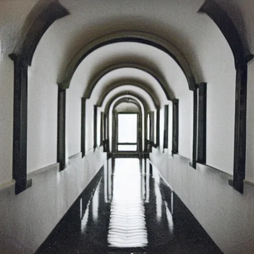 Image similar to Beautiful Fuzzy wide-eye-lens 15mm, harsh flash, cameraphone 2002, Photograph of an tiled infinite foggy foggy foggy liminal pool pool hallway hallway hallway with archways and water on the floor, mirrored