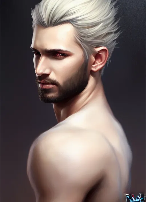 Prompt: a _ fantasy _ style _ portrait _ painting _ of male, medium dark blonde hair side part and blonde stubble, white, rpg dnd oil _ painting _ unreal _ 5 _ daz. _ rpg _ portrait _ extremely _ detailed _ artgerm _ greg _ rutkowski _ greg