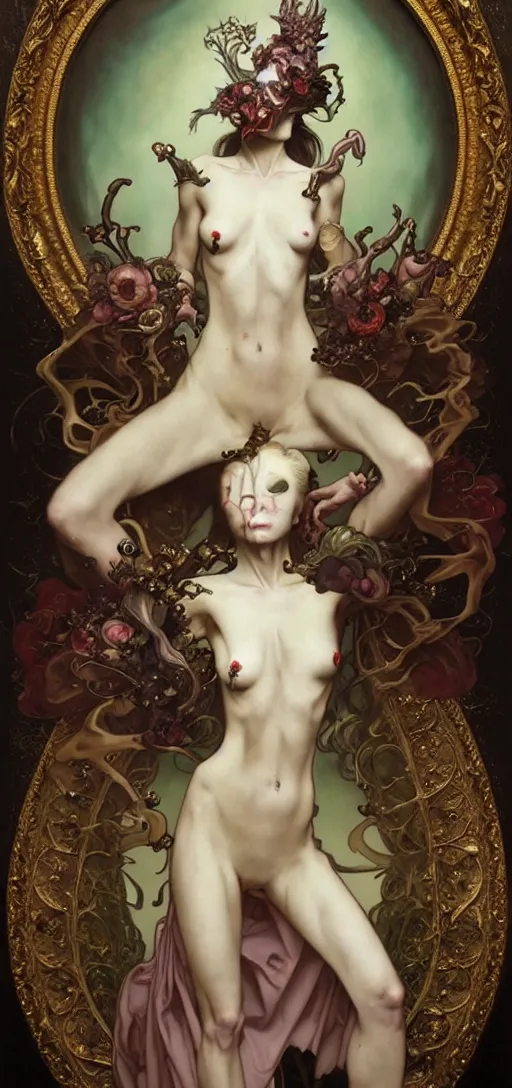 Image similar to baroque oil painting of full body vampire princess portrait, by nekro, peter mohrbacher, alphonse mucha, brian froud, yoshitaka amano, kim keever, victo ngai, james jean