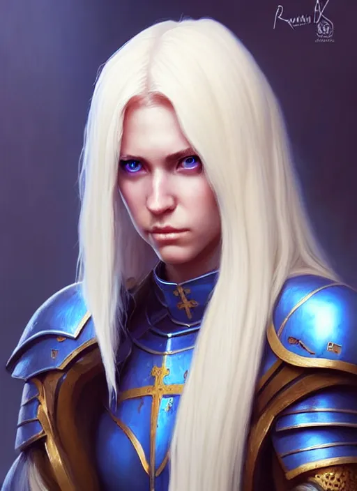 Image similar to a fantasy style portrait painting of shy white female paladin scar wound left eye with blonde hair and blue eyes, holy oil painting unreal 5 daz. rpg portrait extremely detailed artgerm greg rutkowski _ greg