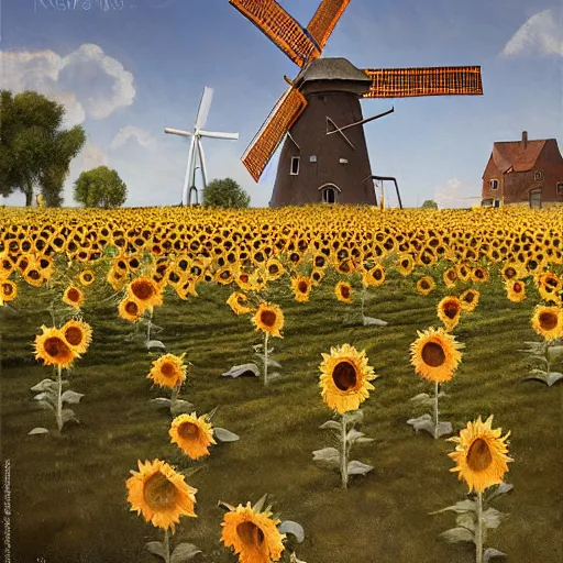 Image similar to a portrait of an sunny town full of sunflowers and villages and an windmill in the middle, Matte painting , detailed painting, made by Greg Rutkowski, 4k resolution, atmospheric, extremely high detail