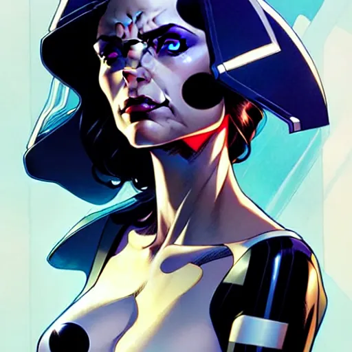 Prompt: artgerm, joshua middleton comic cover art, pretty domino marvel comics sarah michelle gellar, white skin, asymmetrical black spot covering left eye only, no spot right eye, symmetrical eyes, symmetrical face