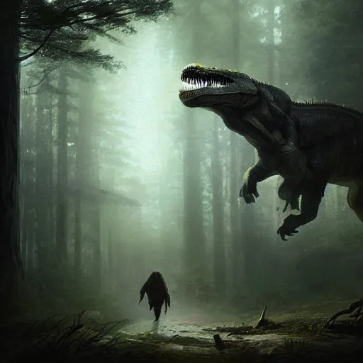 Image similar to tyrannosaurus rex walks through moonlit forest, scenery, oil painting, Tooth Wu, Greg Rutkowski, RPG, dynamic lighting, fantasy art, high contrast, depth of field