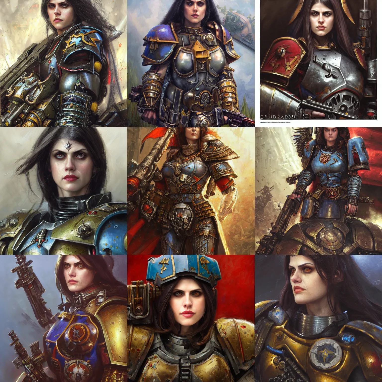 Prompt: alexandra daddario as Sister of Battle, warhammer 40k, closeup character portrait art by Donato Giancola, Craig Mullins, digital art, trending on artstation