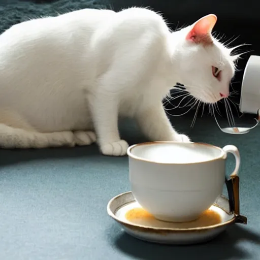 Image similar to a white cat is pouring tea