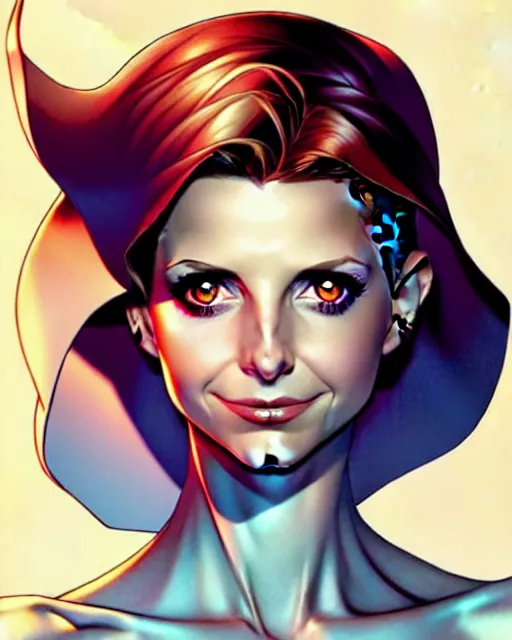 Image similar to artgerm, joshua middleton comic cover art, pretty sarah michelle gellar superhero, asymmetrical big black oval spot covering left eye from eyebrow to cheek, left eye spot only, very pale white skin, no spot right eye, white around right eye