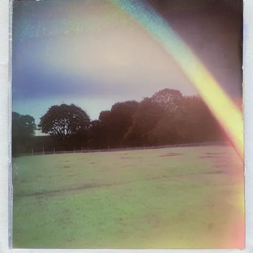 Prompt: a pastel coloured Polaroid photo of a bed made of transparent iridescent perspex stood in a field, beams of light, nostalgic