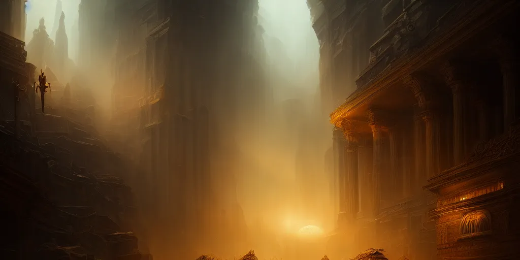 Image similar to epic cinematic background for a movie about ancient gold, dynamic light, cinematic, cinematic light ,detailed, dark, ancient, moody, dramatic atmosphere, artstation, beautiful, intricate details, interesting shot, digital painting,