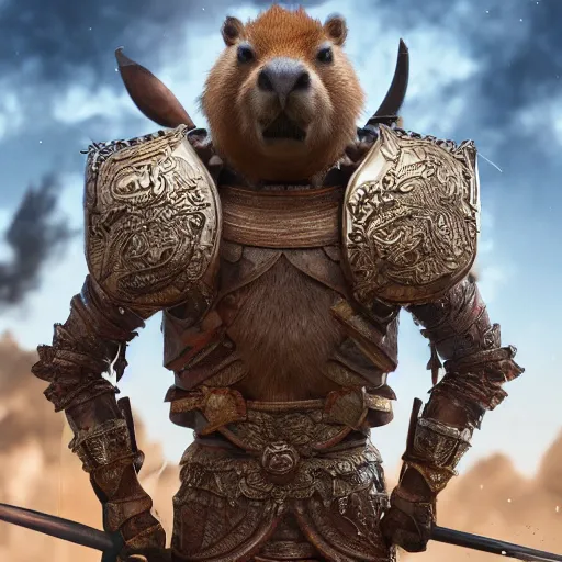 Prompt: fine art matte painting of an anthropomorphic capybara warrior in full intricate armor, ultra detailed, digital art, octane render 4K-H 720