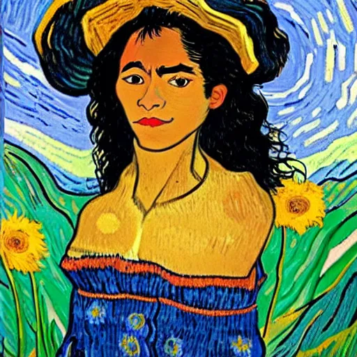 Image similar to beautiful dark skinned mexican woman, dancing in a field of flowers, prominent rosy cheek bones, black hair and brown eyes, van gogh art style,