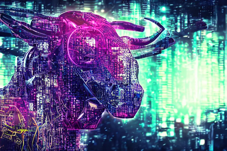 Image similar to complex cyberpunk machine background merged with evil cybernetic goat head in center focus, multicolored digital art