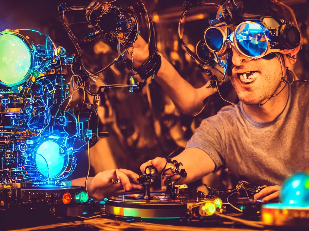 Image similar to a person wearing goggles and visor and headphones using a steampunk record player contraption, wires and tubes, turntablism dj scratching, intricate planetary gears, cinematic, imax, sharp focus, leds, bokeh, iridescent, black light, fog machine, hazy, lasers, hyper color digital art