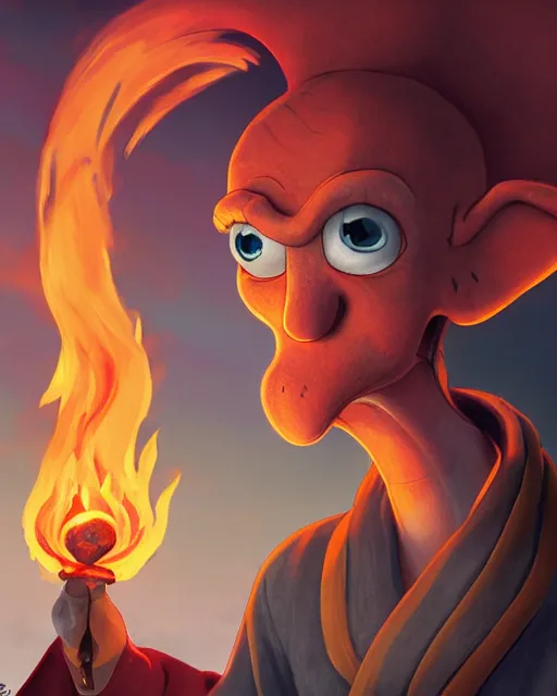 Image similar to wide shot, detailed photorealistic ( ( cartoony ) ) face, squidward, wearing fire nation clothing and practicing firebending outside at susnset, [ greg rutkowski ]