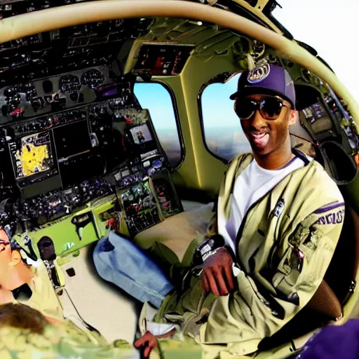 Prompt: A picture of Kobe Bryant sitting in the cockpit of a helicopter holding a rolled marijuana joint, hyper detailed, 8k resolution